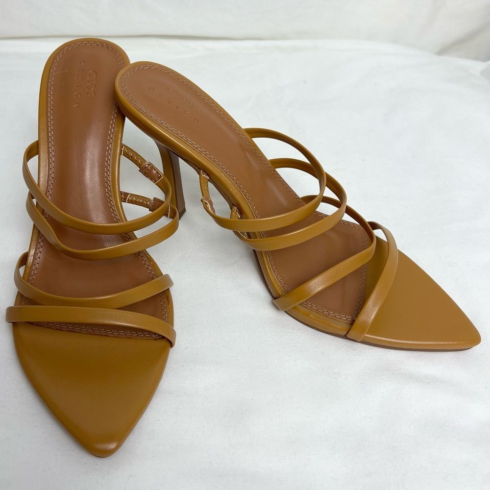 ASOS DESIGN NWOT Strappy Sandals 3.75” Heels Pointed Open Toe Brown Size 8